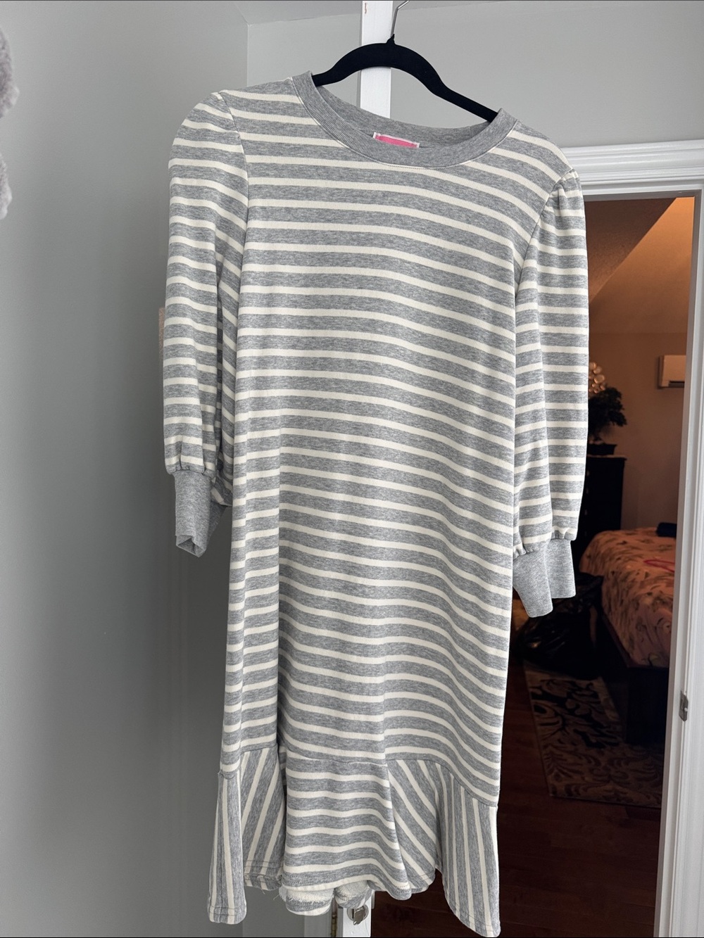 kate spade Gray & White Striped Puff-Sleeve Casual Dress